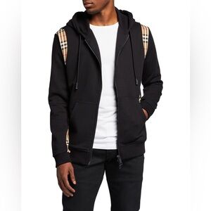 🔥BURBERRY -  MEN'S ZIP HOODIE WITH CHECK SIDES IN BLACK Size XL
